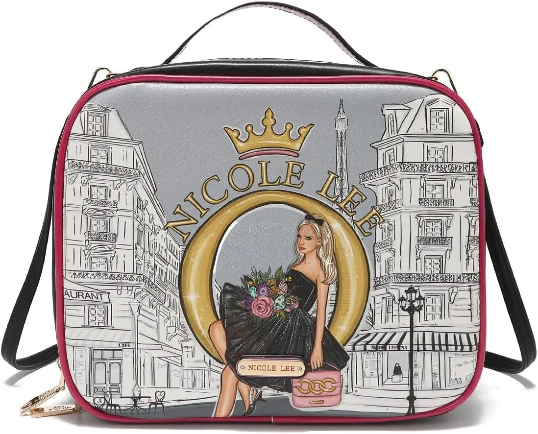 Nicole Lee Travel Handbag Crossbody Set with 3 Fashion Print Makeup Pouches, Women's Cosmetic Toiletry Organizer (Dreaming the City)