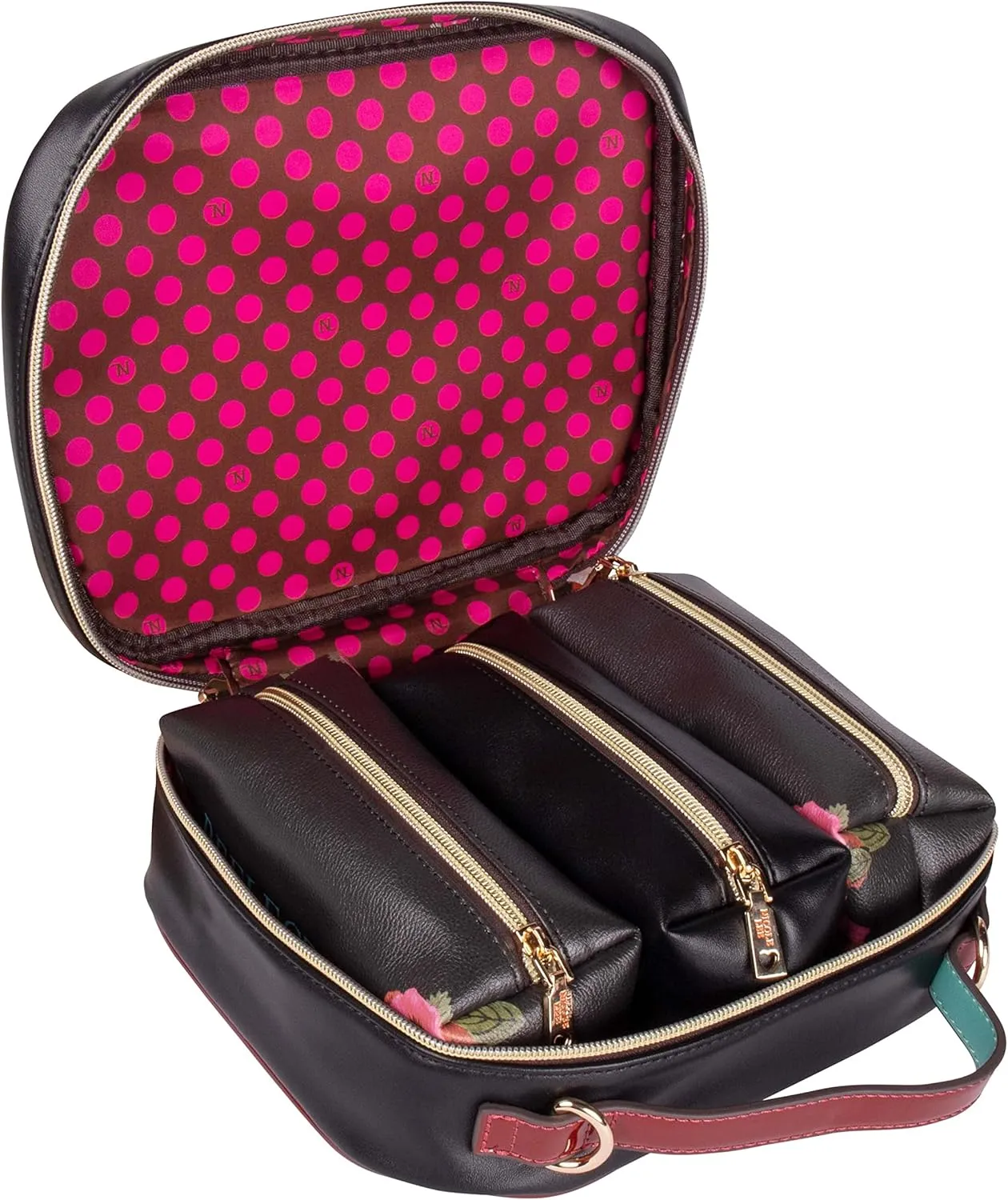 Nicole Lee Travel Handbag Crossbody Set with 3 Fashion Print Makeup Pouches, Women's Cosmetic Toiletry Organizer (Love Me Half)