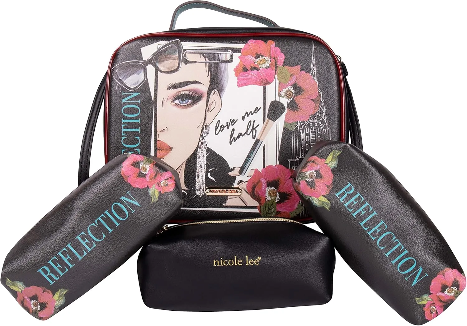 Nicole Lee Travel Handbag Crossbody Set with 3 Fashion Print Makeup Pouches, Women's Cosmetic Toiletry Organizer (Love Me Half)