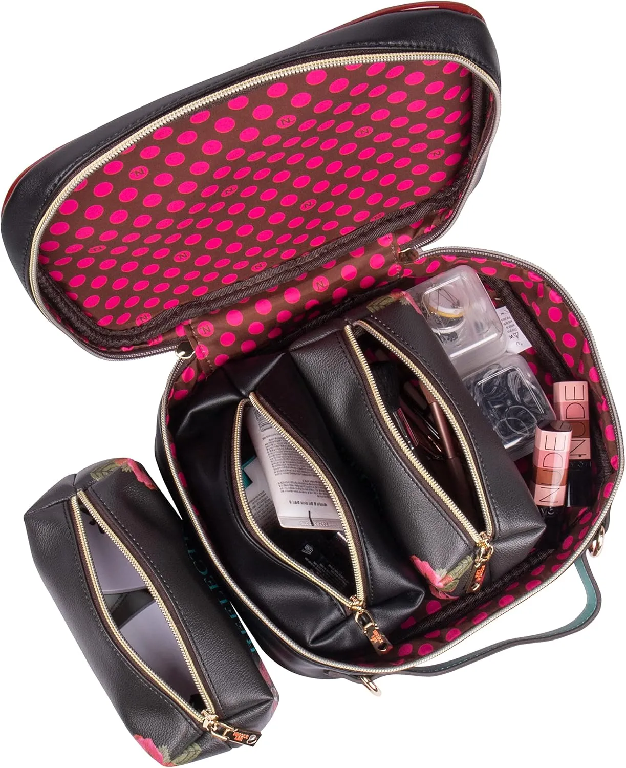 Nicole Lee Travel Handbag Crossbody Set with 3 Fashion Print Makeup Pouches, Women's Cosmetic Toiletry Organizer (Love Me Half)