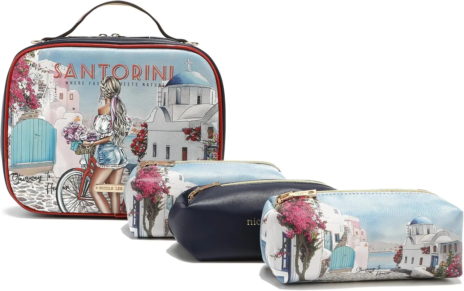 Nicole Lee Travel Handbag Crossbody Set with 3 Fashion Print Makeup Pouches, Women's Cosmetic Toiletry Organizer (Romance in Paris)