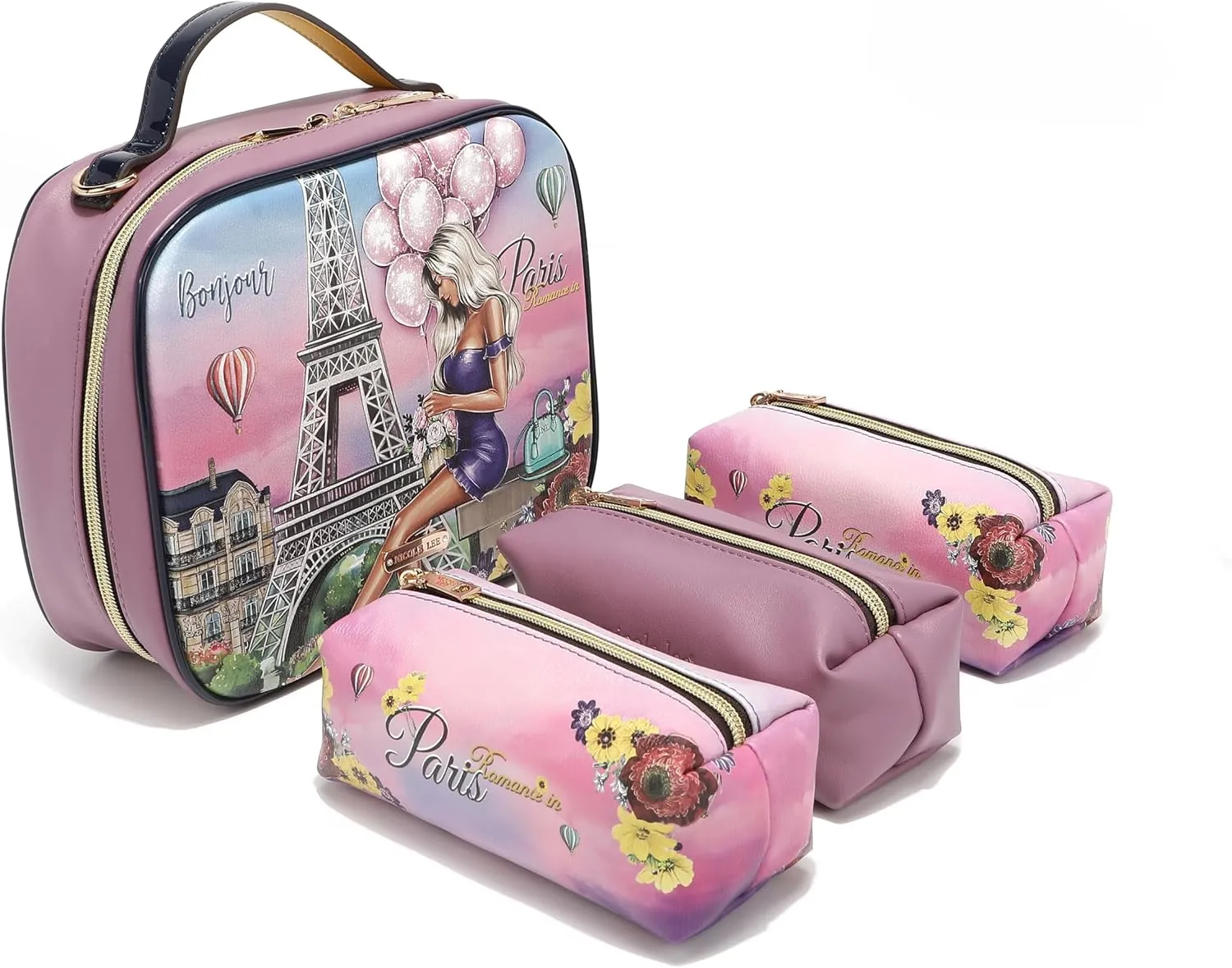 Nicole Lee Travel Handbag Crossbody Set with 3 Fashion Print Makeup Pouches, Women's Cosmetic Toiletry Organizer (Romance in Paris)