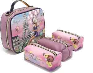 Nicole Lee Travel Handbag Crossbody Set with 3 Fashion Print Makeup Pouches, Women's Cosmetic Toiletry Organizer (Romance in Paris)