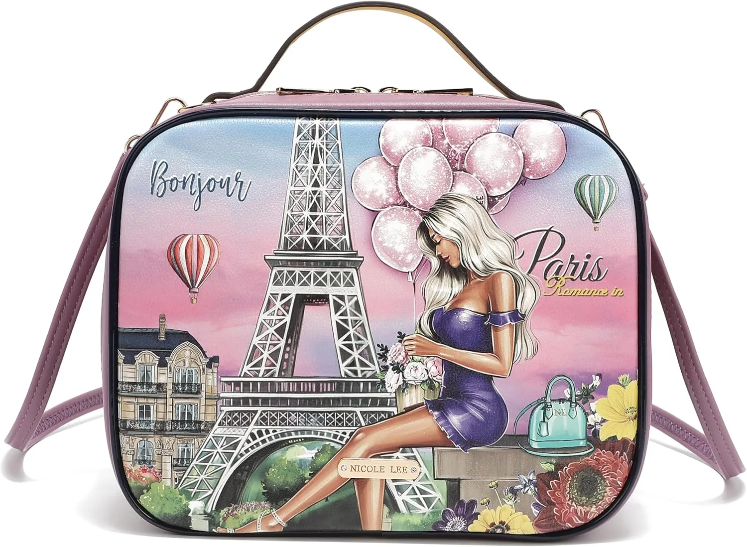 Nicole Lee Travel Handbag Crossbody Set with 3 Fashion Print Makeup Pouches, Women's Cosmetic Toiletry Organizer (Romance in Paris)