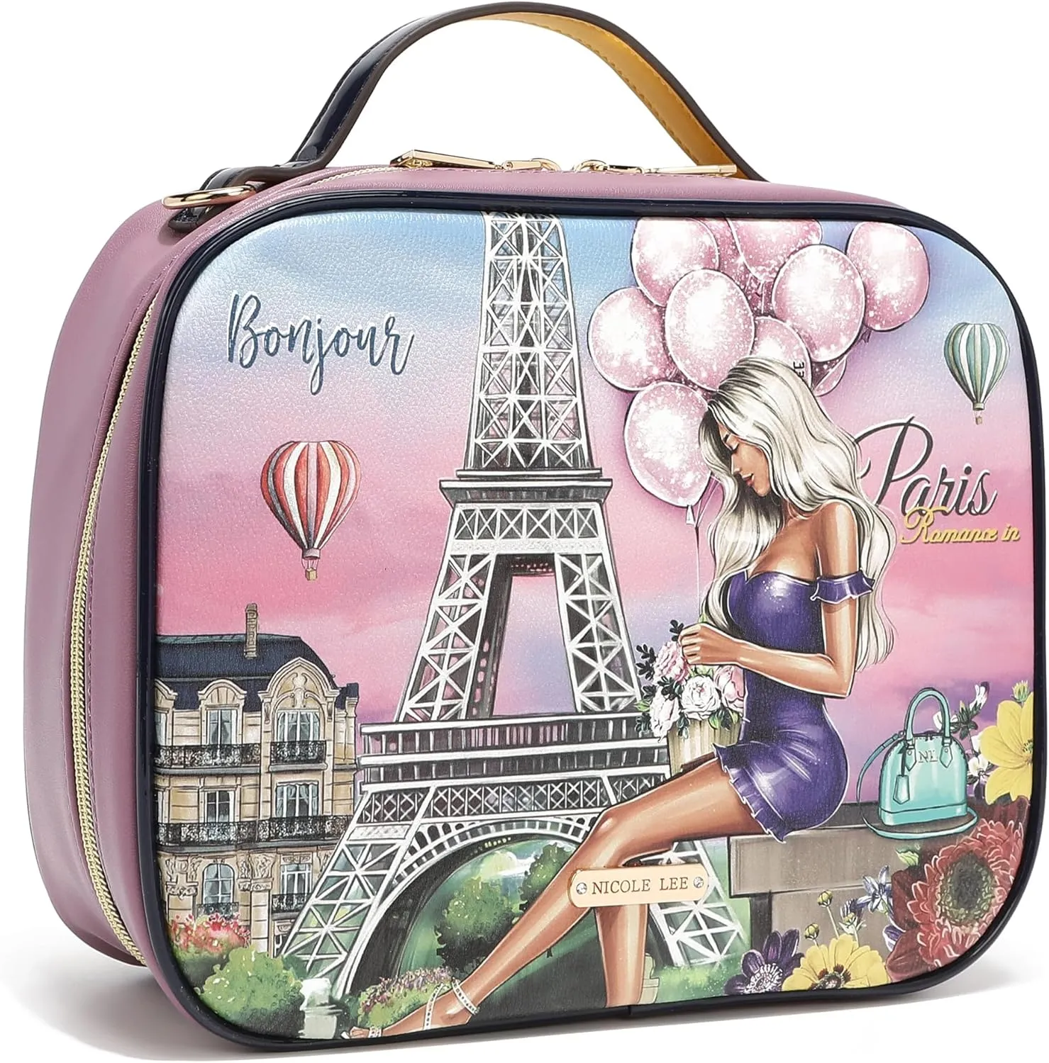 Nicole Lee Travel Handbag Crossbody Set with 3 Fashion Print Makeup Pouches, Women's Cosmetic Toiletry Organizer (Romance in Paris)