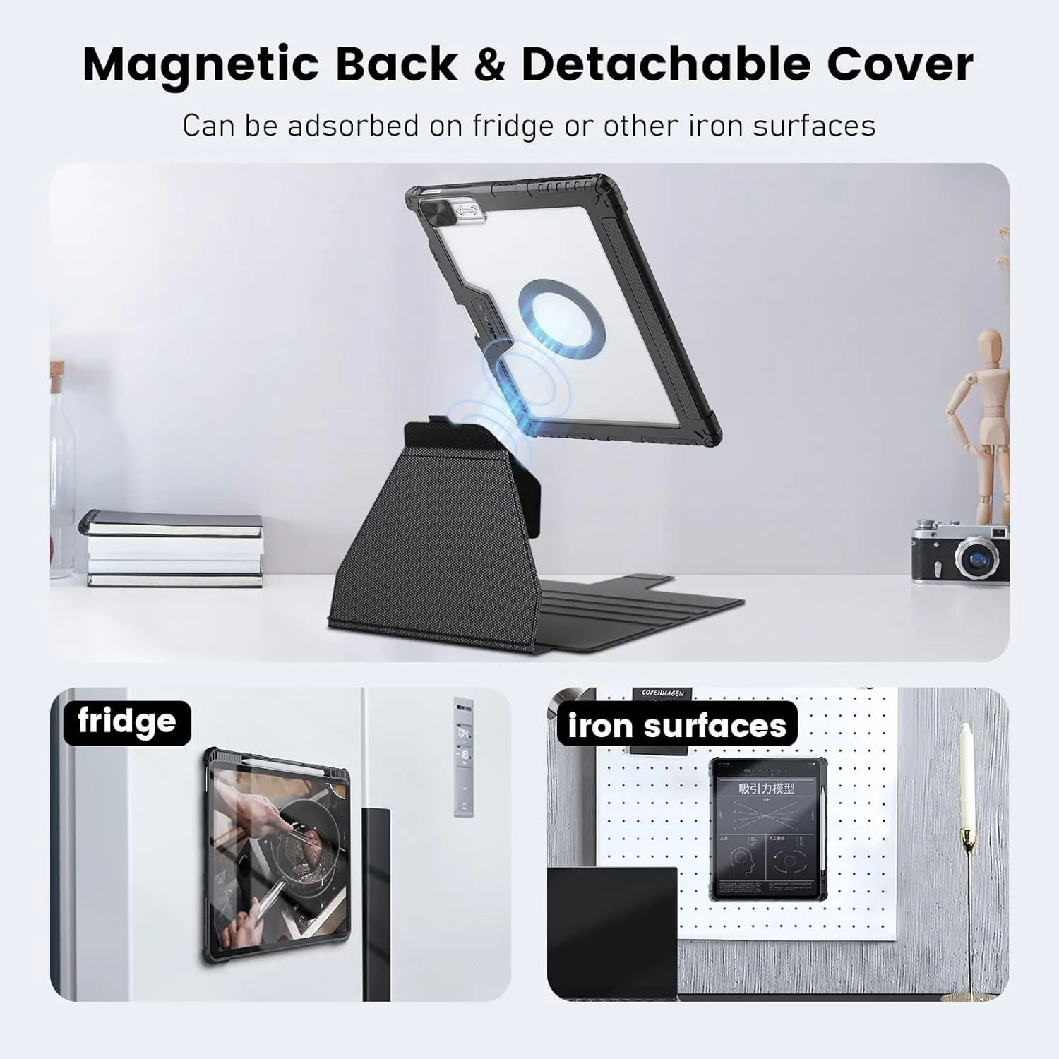 Nillkin iPad Air 13 inch Case(M2, 2024), iPad Pro 12.9 Case2022/2021(6th/5th Gen), Detachable Cover and Magnetic Back for Friger & Desk, Multiple Angle Shockproof Rugged Case with Camera Cover, Black