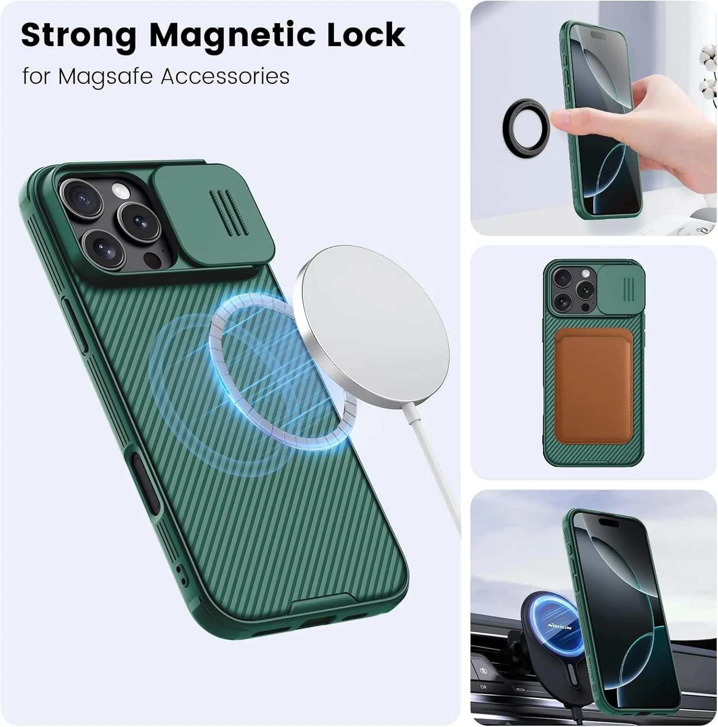 Nillkin Magnetic for iPhone 16 Pro Case, Upgraded Slide Camera Protection, Compatible with Magsafe, Slim Shockproof Protective Phone Case for 16 Pro 6.3 inch, Green