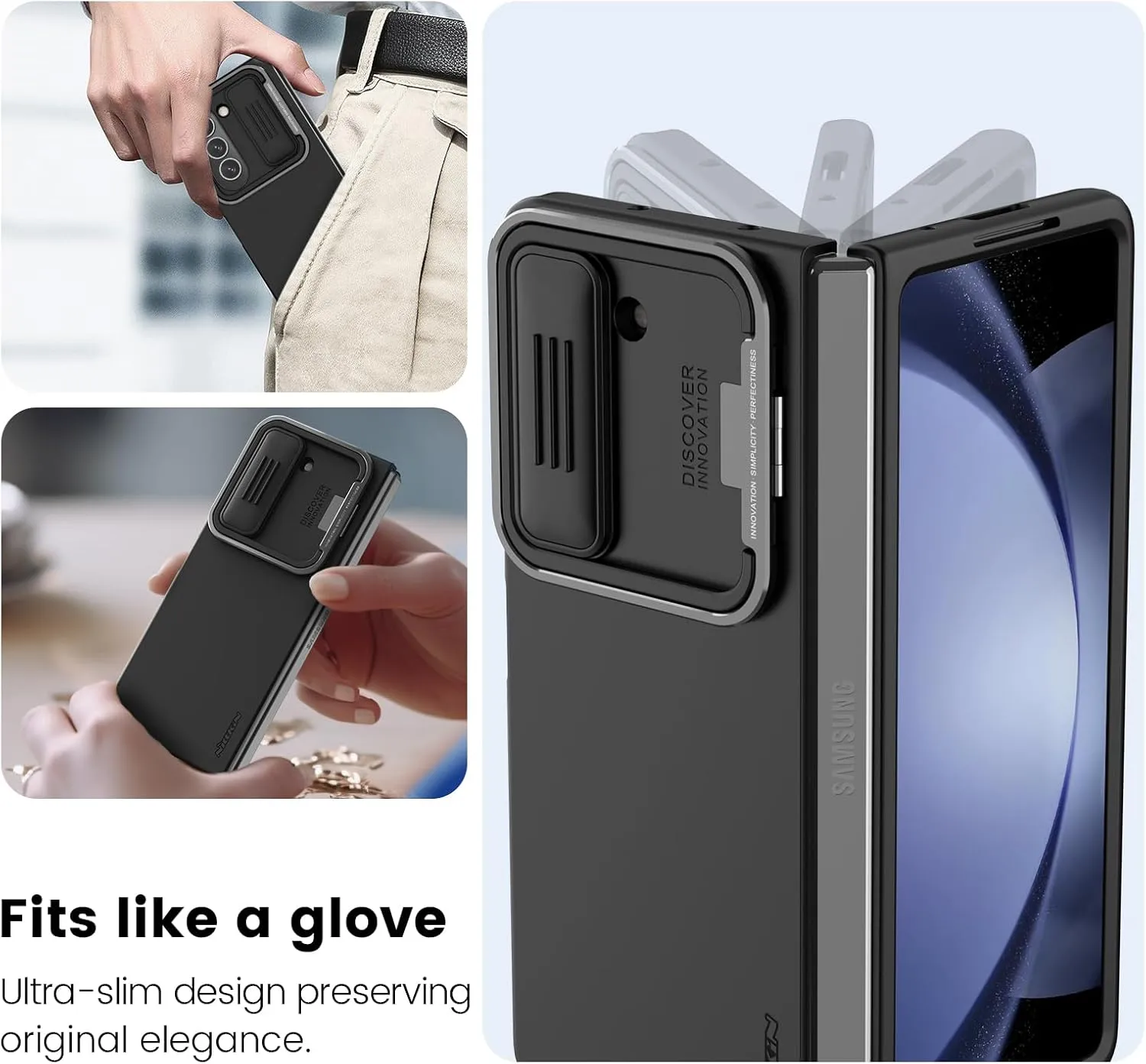 Nillkin Samsung Galaxy Z Fold 5 Case with Slide Camera Cover [Metal Kickstand] CamShield Silky Liquid Silicone case for Galaxy Z Fold 5 5G Slim Protective Case (Black)