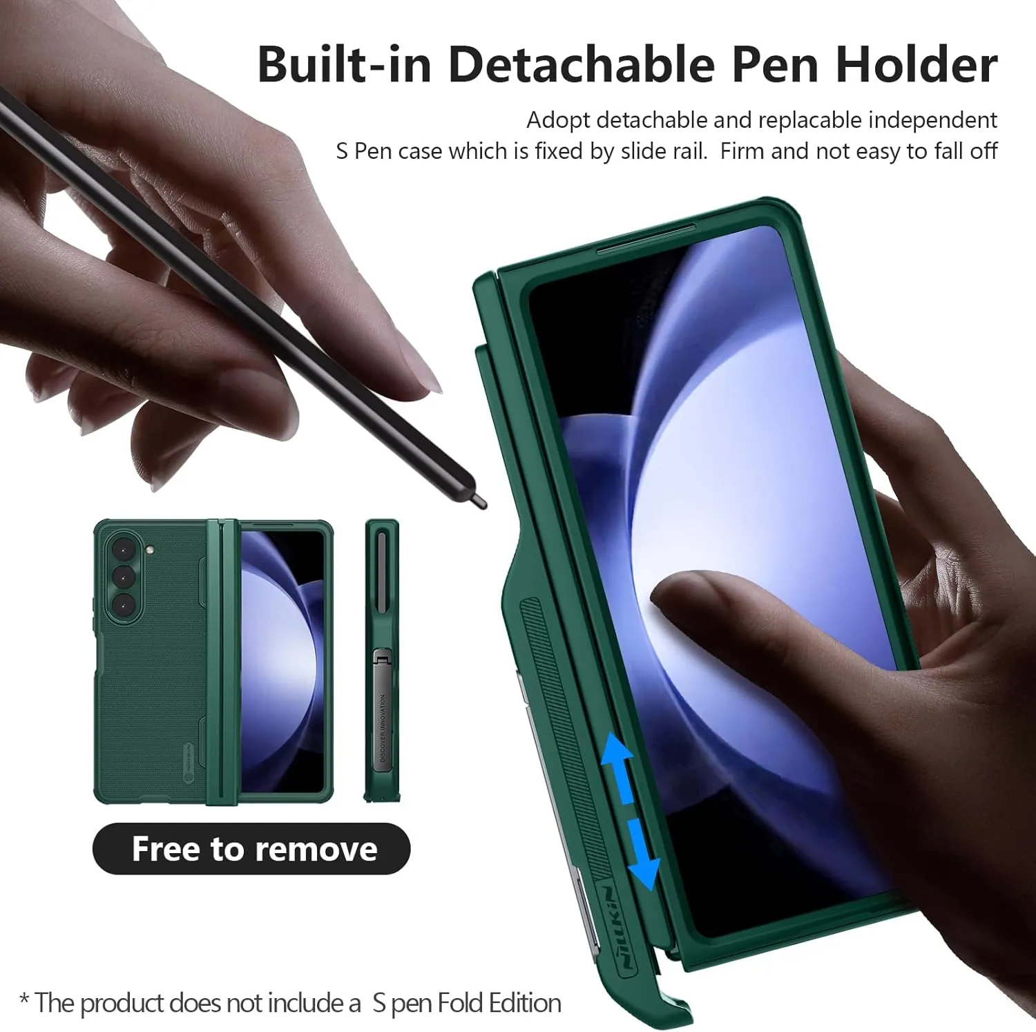 Nillkin Upgraded Samsung Z Fold 5 Case with S Pen Holder, Hinge Protection & Metal Kickstand - Anti-Scratch, Shockproof Protective Phone Case for Galaxy Z Fold 5 - Green