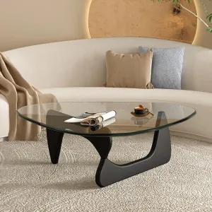 Noguchi Glass Coffee Table - Modern Triangle Design with Solid Wood Base and Clear Glass Top Accent, Vintage Mid-Century Style for Living Room and Office Décor (Elegant Black, Small)