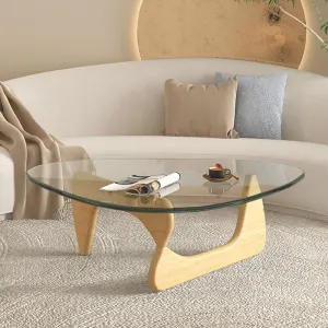Noguchi Glass Coffee Table - Modern Triangle Design with Solid Wood Base and Clear Glass Top Accent, Vintage Mid-Century Style for Living Room and Office Décor (Wood Color, Small)