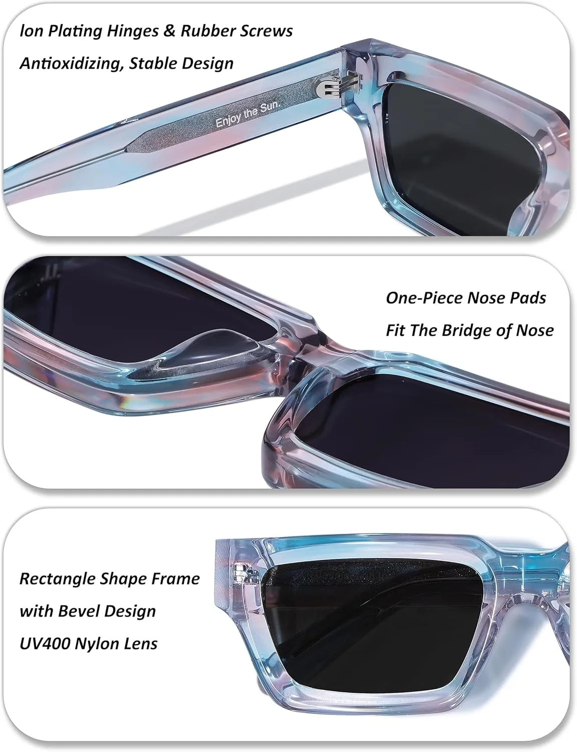 Non Polarized Acetate Sunglasses 148mm Frame with UV Protection Impact Resistant Nylon Lens Retro Shades Unisex