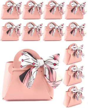 NOWDER 12 Pack Leather Wedding Candy Gift Bags with Handle Reusable Party Favor Boxes for Baby Showers Birthday Christmas Halloween Easter (Pink)