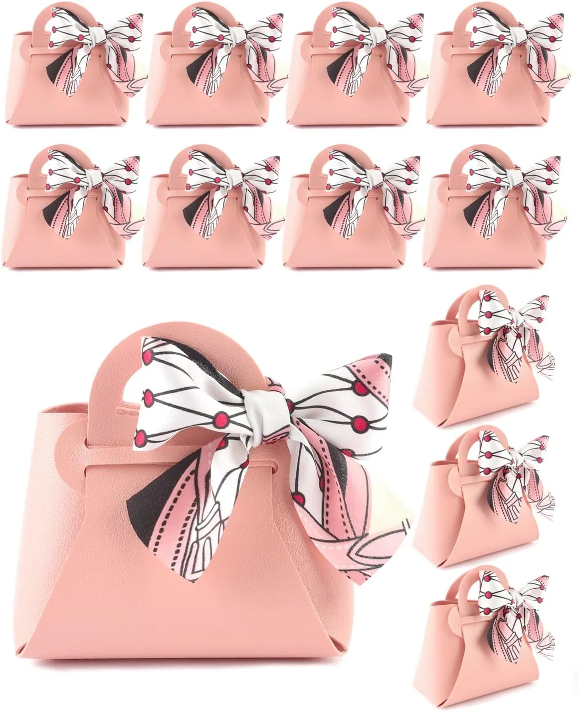 NOWDER 12 Pack Leather Wedding Candy Gift Bags with Handle Reusable Party Favor Boxes for Baby Showers Birthday Christmas Halloween Easter (Pink)