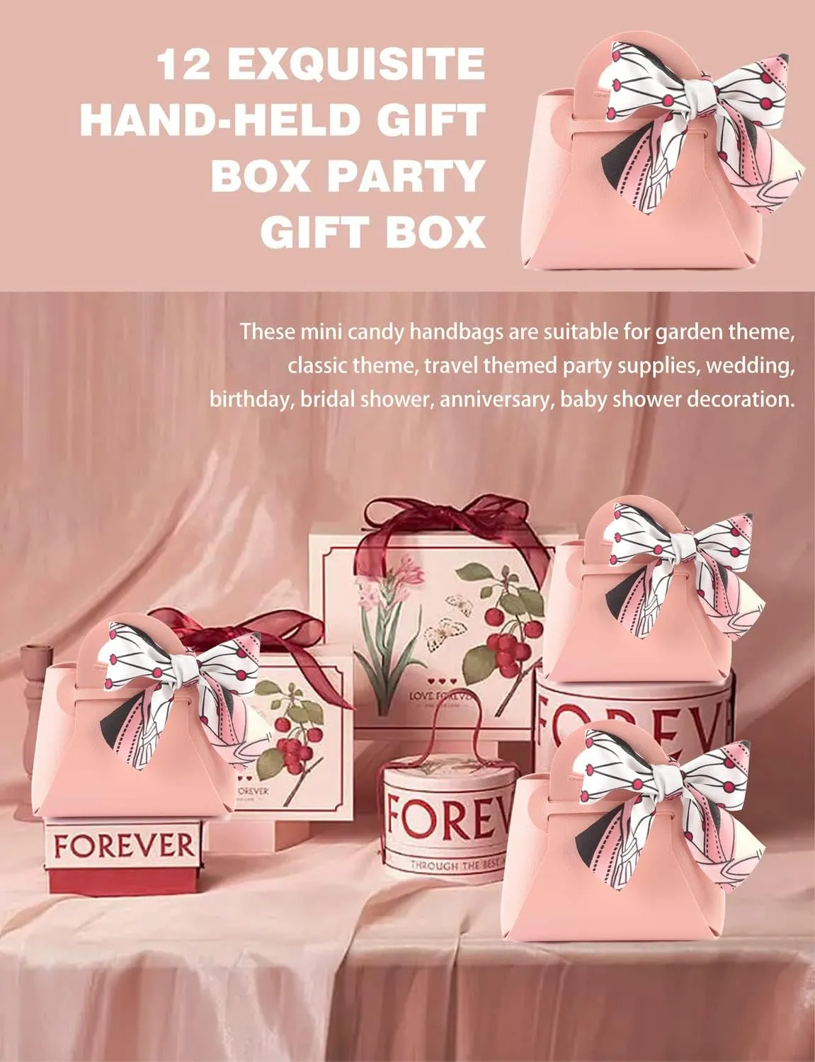 NOWDER 12 Pack Leather Wedding Candy Gift Bags with Handle Reusable Party Favor Boxes for Baby Showers Birthday Christmas Halloween Easter (Pink)