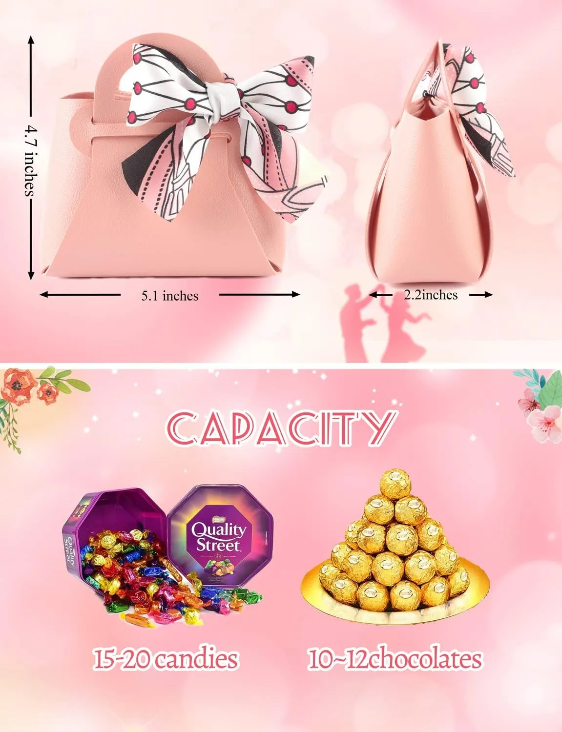 NOWDER 12 Pack Leather Wedding Candy Gift Bags with Handle Reusable Party Favor Boxes for Baby Showers Birthday Christmas Halloween Easter (Pink)