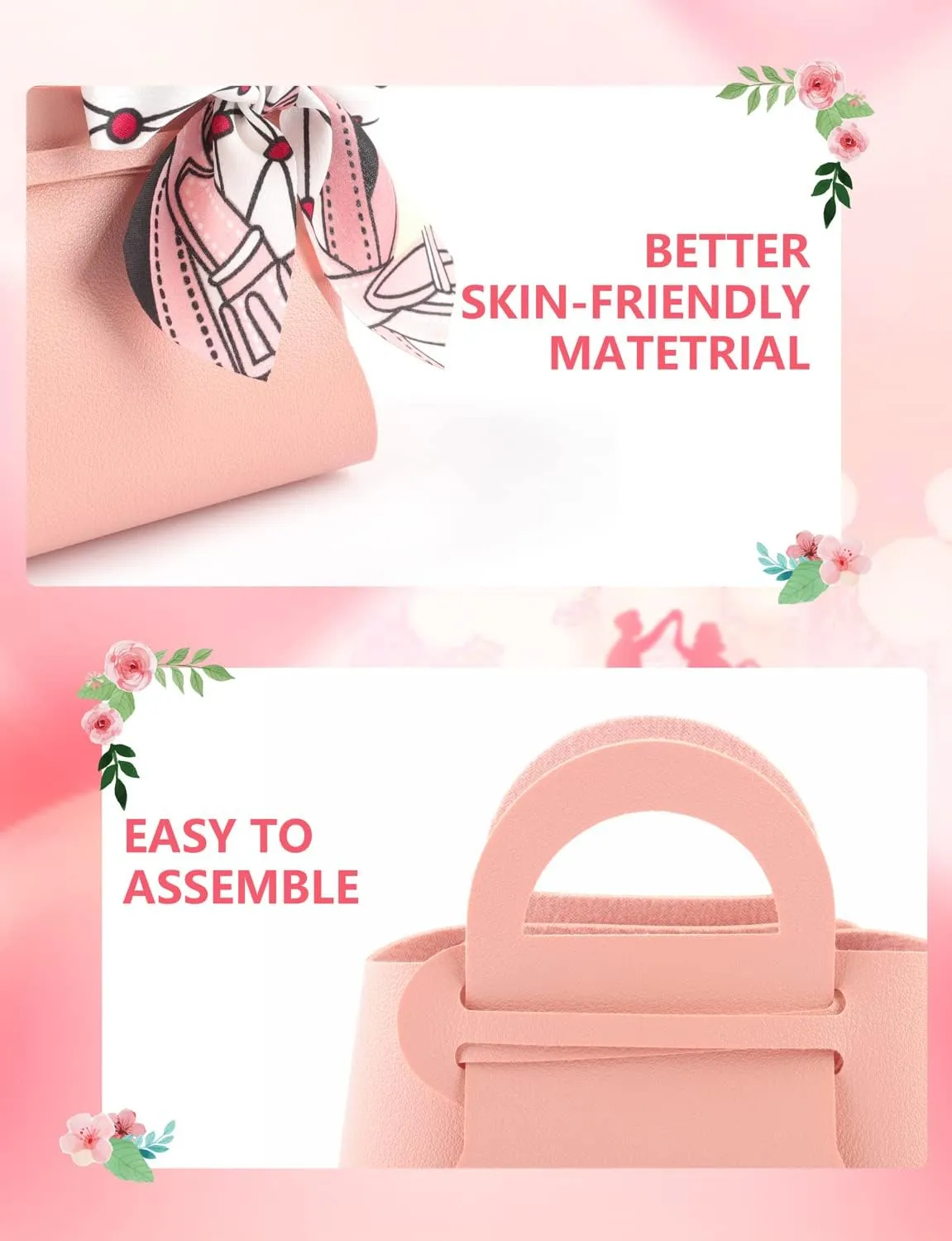 NOWDER 12 Pack Leather Wedding Candy Gift Bags with Handle Reusable Party Favor Boxes for Baby Showers Birthday Christmas Halloween Easter (Pink)