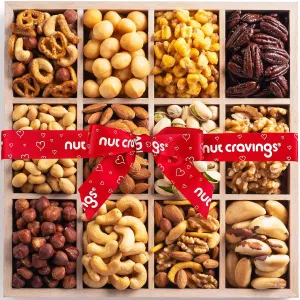 NUT CRAVINGS Mothers Day Gourmet Mom Treats - Mixed Nuts Gift Basket in Reusable Wooden Tray   Heart Ribbon (12 Assortments) Food Arrangement, Healthy Snack Care Package, Kosher
