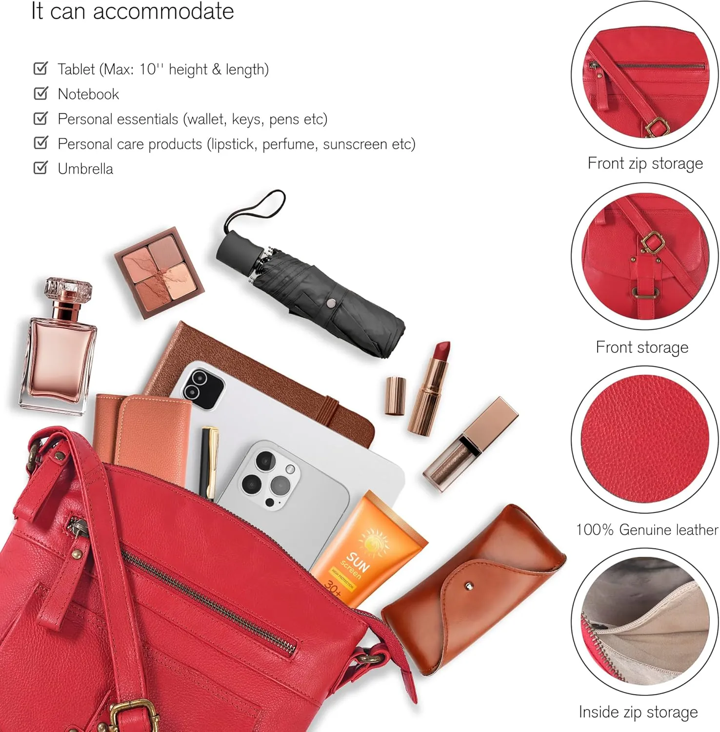 Oak Leathers Leather Crossbody Bag For Women With Adjustable Sling Strap - Medium Size Crossover Shoulder Handbag Purse
