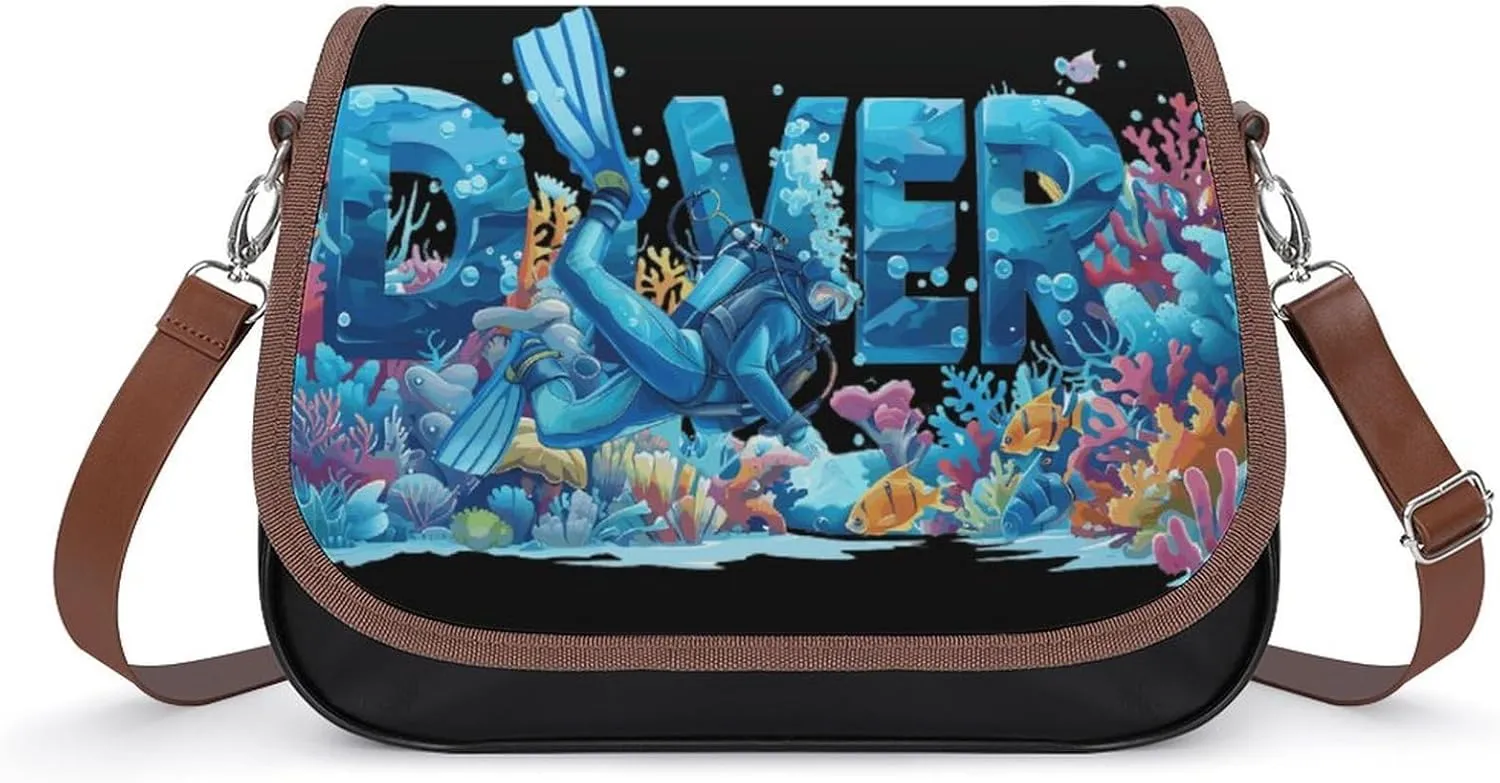 Ocean Scuba Diver Women‘s Crossbody Bags Fashion Message Shoulder Handbag with Adjustable Strap for Travel Office