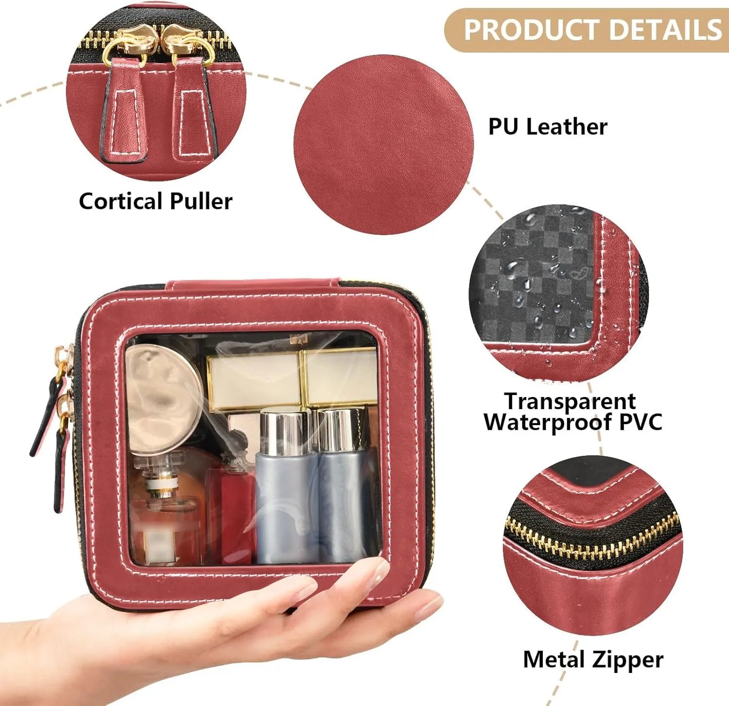 ODAWA Clear Toiletry Bag Brown Leather Organizer Bags Car Makeup Organizer 5.1'' x 4.7'' x 2.2''