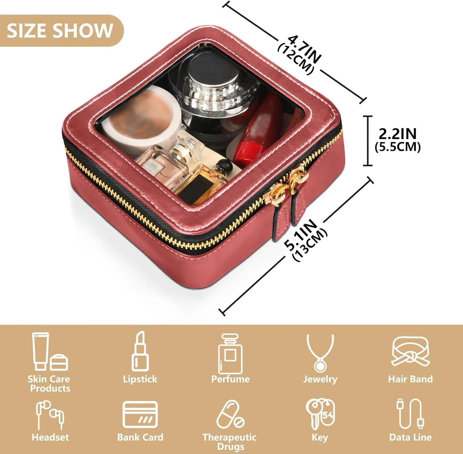ODAWA Clear Toiletry Bag Brown Leather Organizer Bags Car Makeup Organizer 5.1'' x 4.7'' x 2.2''