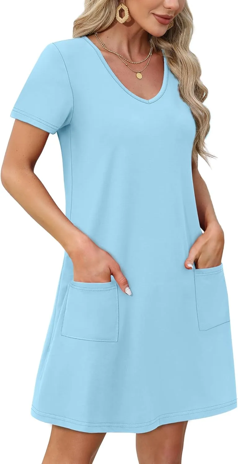 OFEEFAN Summer Dresses for Women 2025 Loose V Neck Short Sleeve Casual T Shirt Dress Sundresses Swimsuit Coverup with Pockets