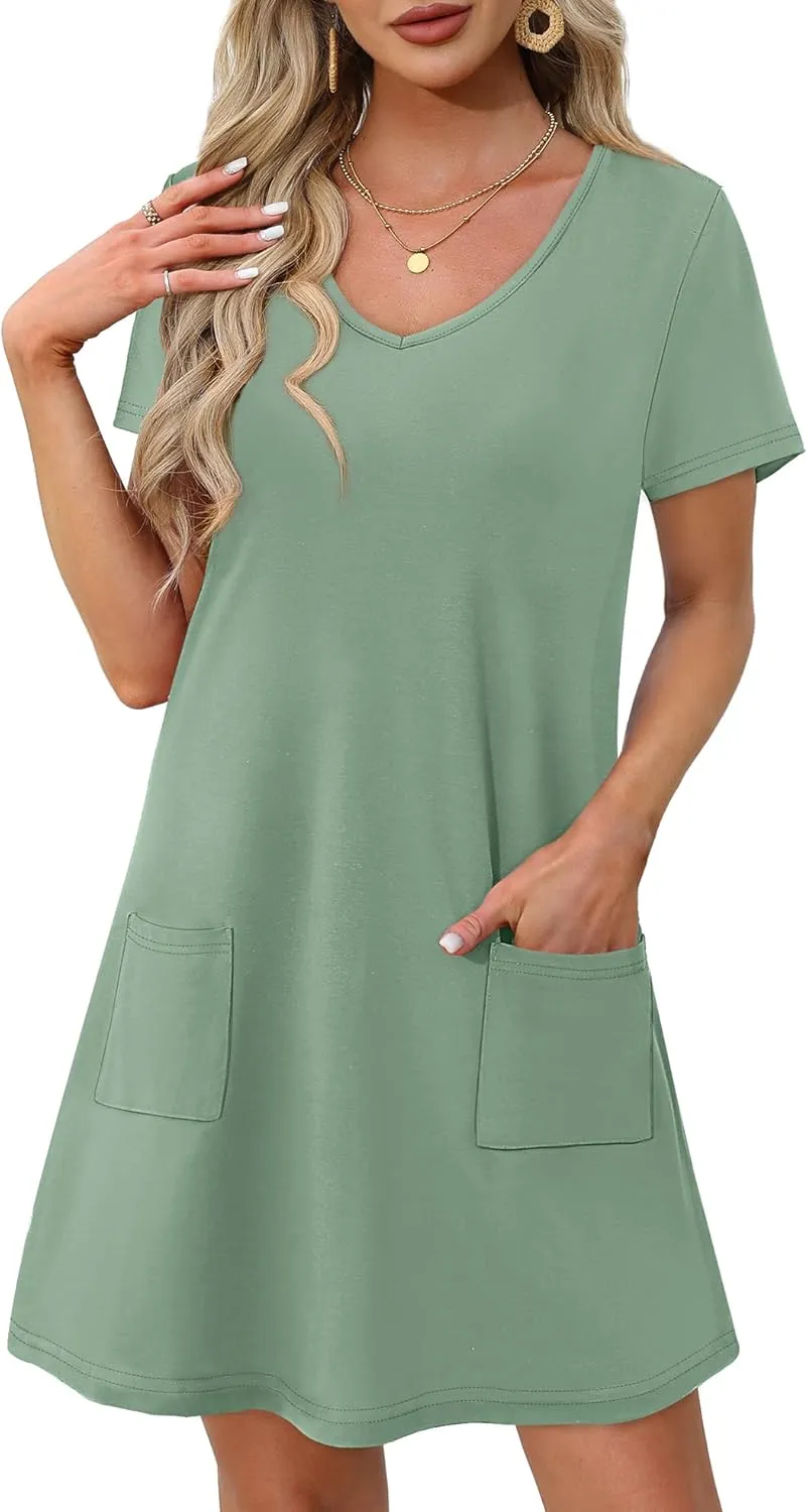 OFEEFAN Summer Dresses for Women 2025 Loose V Neck Short Sleeve Casual T Shirt Dress Sundresses Swimsuit Coverup with Pockets