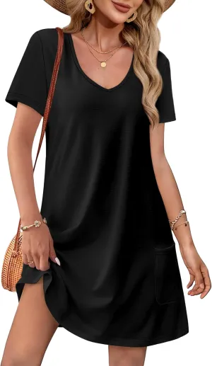 OFEEFAN Summer Dresses for Women 2025 Loose V Neck Short Sleeve Casual T Shirt Dress Sundresses Swimsuit Coverup with Pockets