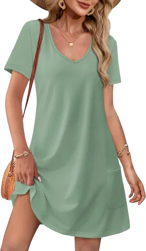 OFEEFAN Summer Dresses for Women 2025 Loose V Neck Short Sleeve Casual T Shirt Dress Sundresses Swimsuit Coverup with Pockets