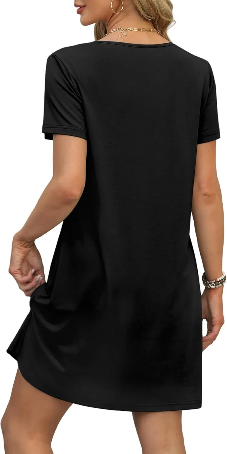 OFEEFAN Summer Dresses for Women 2025 Loose V Neck Short Sleeve Casual T Shirt Dress Sundresses Swimsuit Coverup with Pockets
