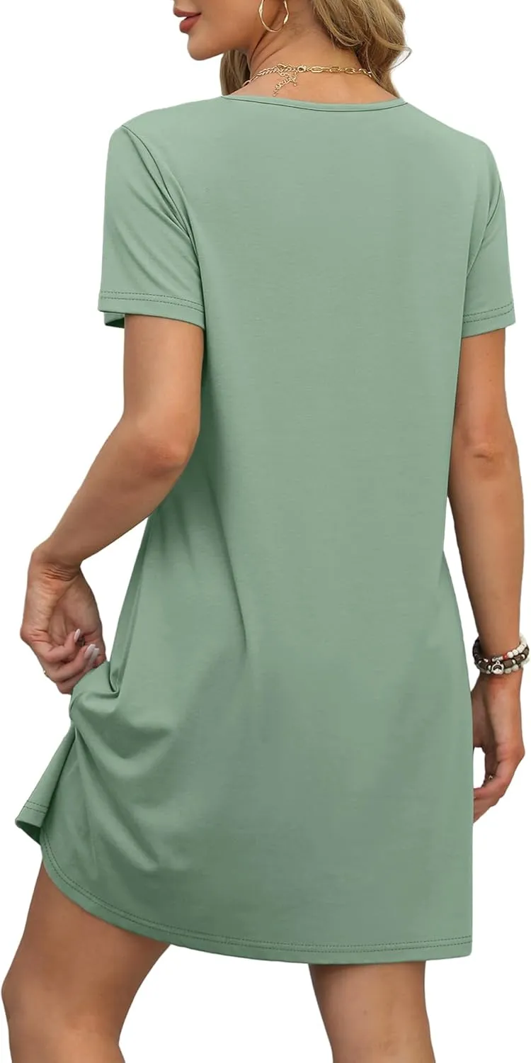 OFEEFAN Summer Dresses for Women 2025 Loose V Neck Short Sleeve Casual T Shirt Dress Sundresses Swimsuit Coverup with Pockets