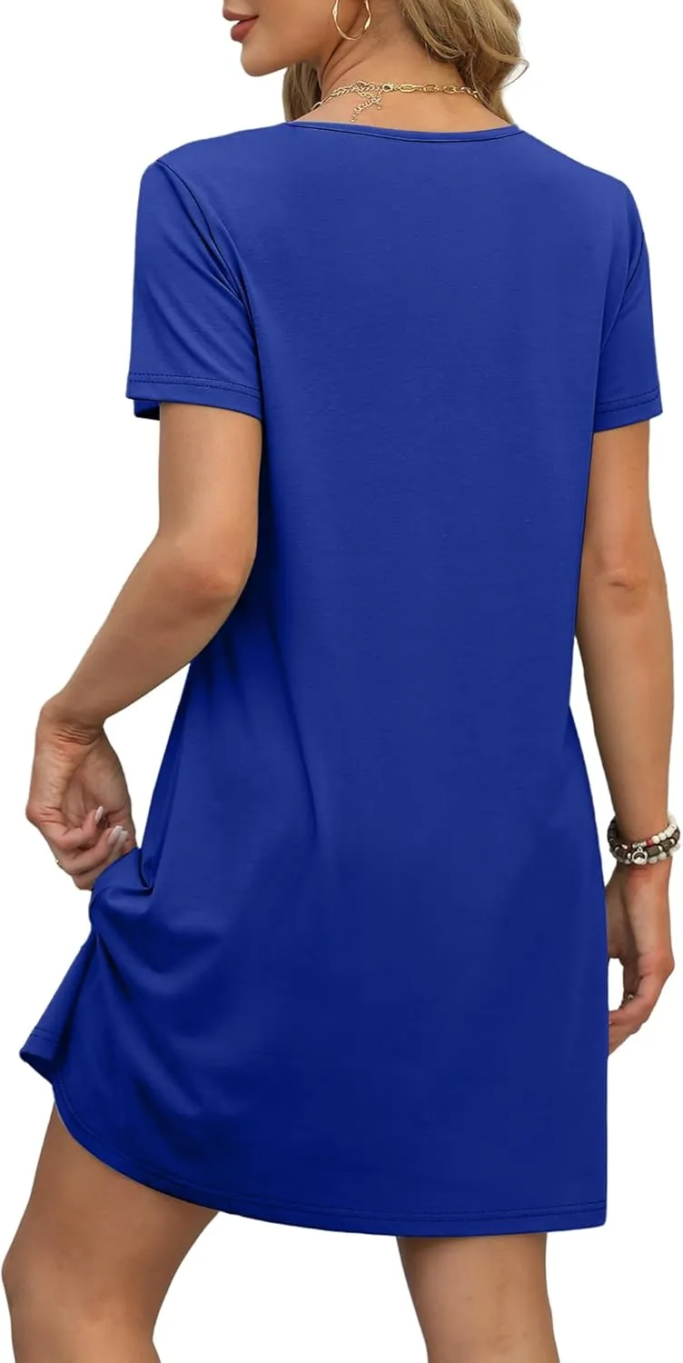 OFEEFAN Summer Dresses for Women 2025 Loose V Neck Short Sleeve Casual T Shirt Dress Sundresses Swimsuit Coverup with Pockets