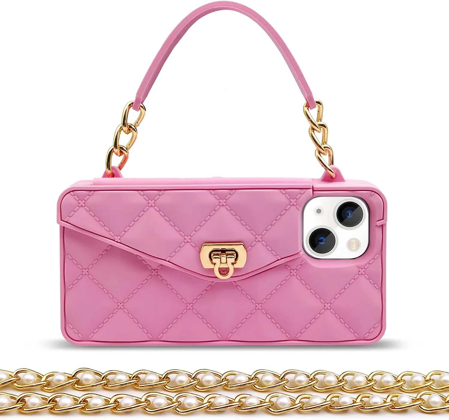 Omio for iPhone 13 Handbag Case with Flip Card Holder Wrist Lanyard Strap Soft Silicone Cover for iPhone 13 Wallet Case for Women Luxury Stylish Long Pearl Crossbody Chain Case Pink