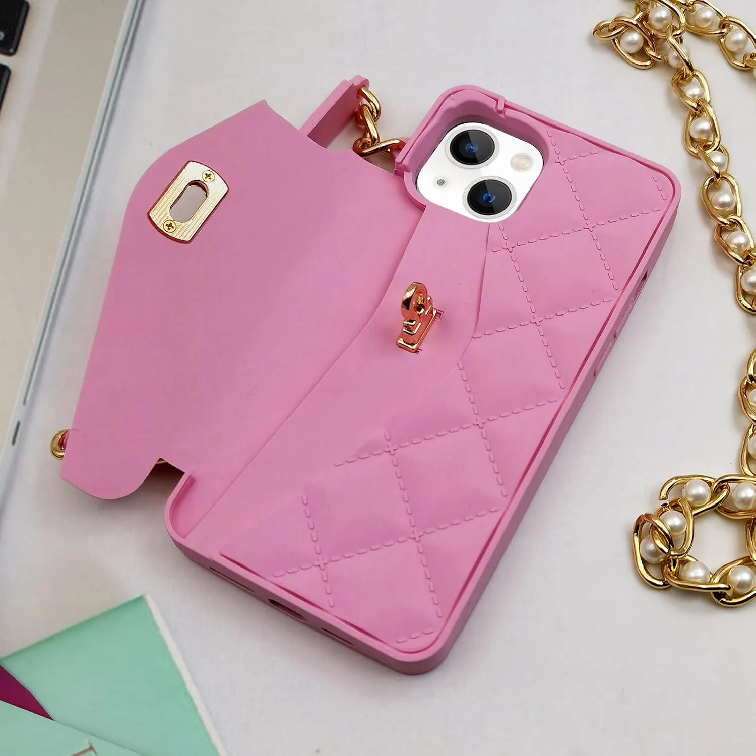 Omio for iPhone 13 Handbag Case with Flip Card Holder Wrist Lanyard Strap Soft Silicone Cover for iPhone 13 Wallet Case for Women Luxury Stylish Long Pearl Crossbody Chain Case Pink