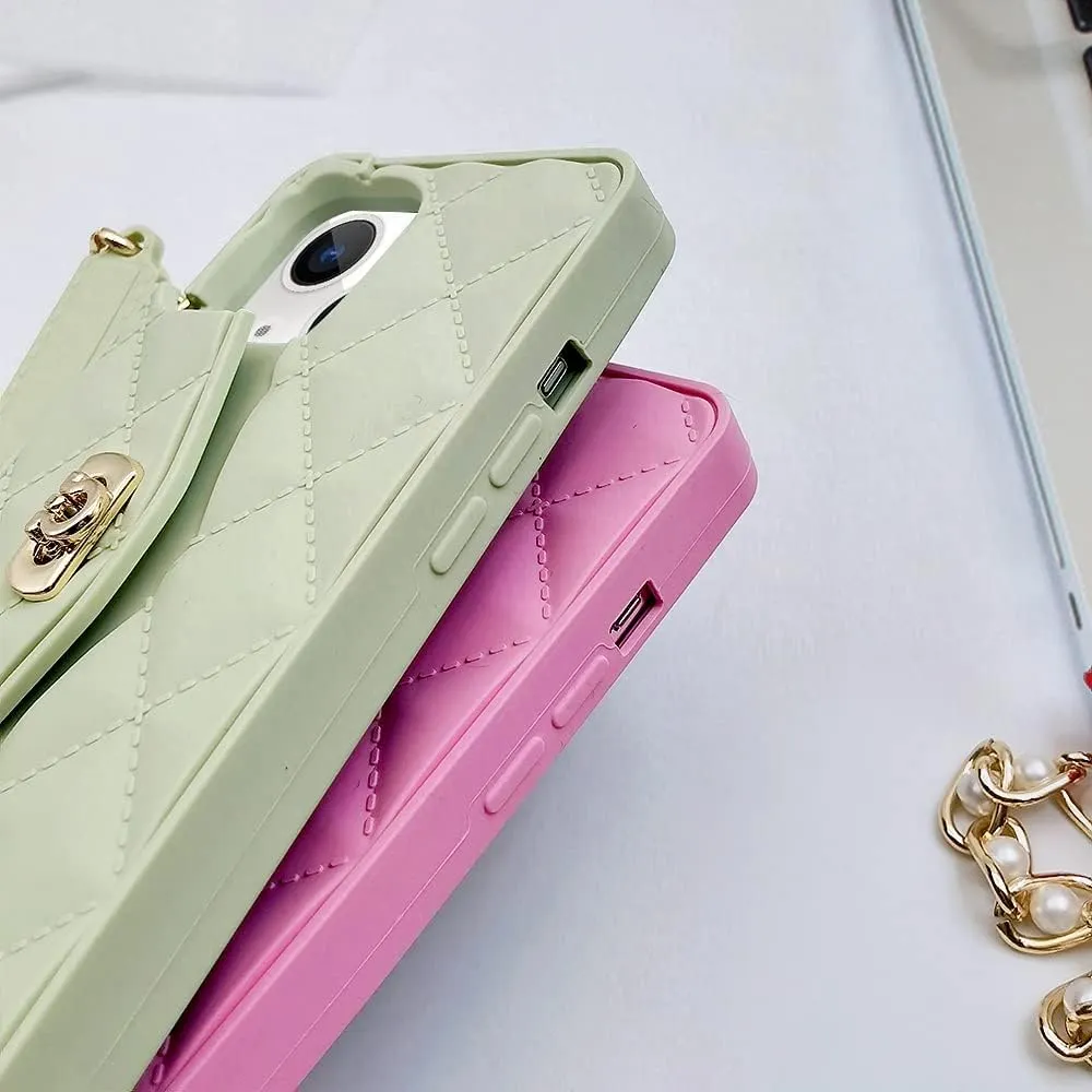 Omio for iPhone 13 Handbag Case with Flip Card Holder Wrist Lanyard Strap Soft Silicone Cover for iPhone 13 Wallet Case for Women Luxury Stylish Long Pearl Crossbody Chain Case Pink
