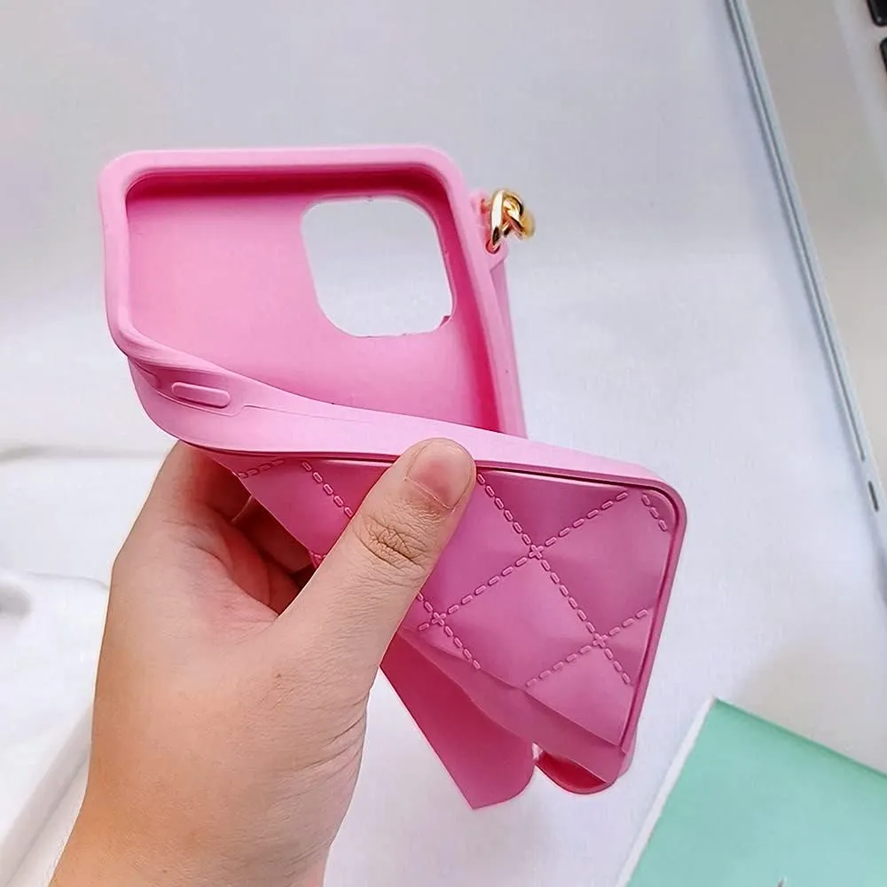 Omio for iPhone 13 Handbag Case with Flip Card Holder Wrist Lanyard Strap Soft Silicone Cover for iPhone 13 Wallet Case for Women Luxury Stylish Long Pearl Crossbody Chain Case Pink