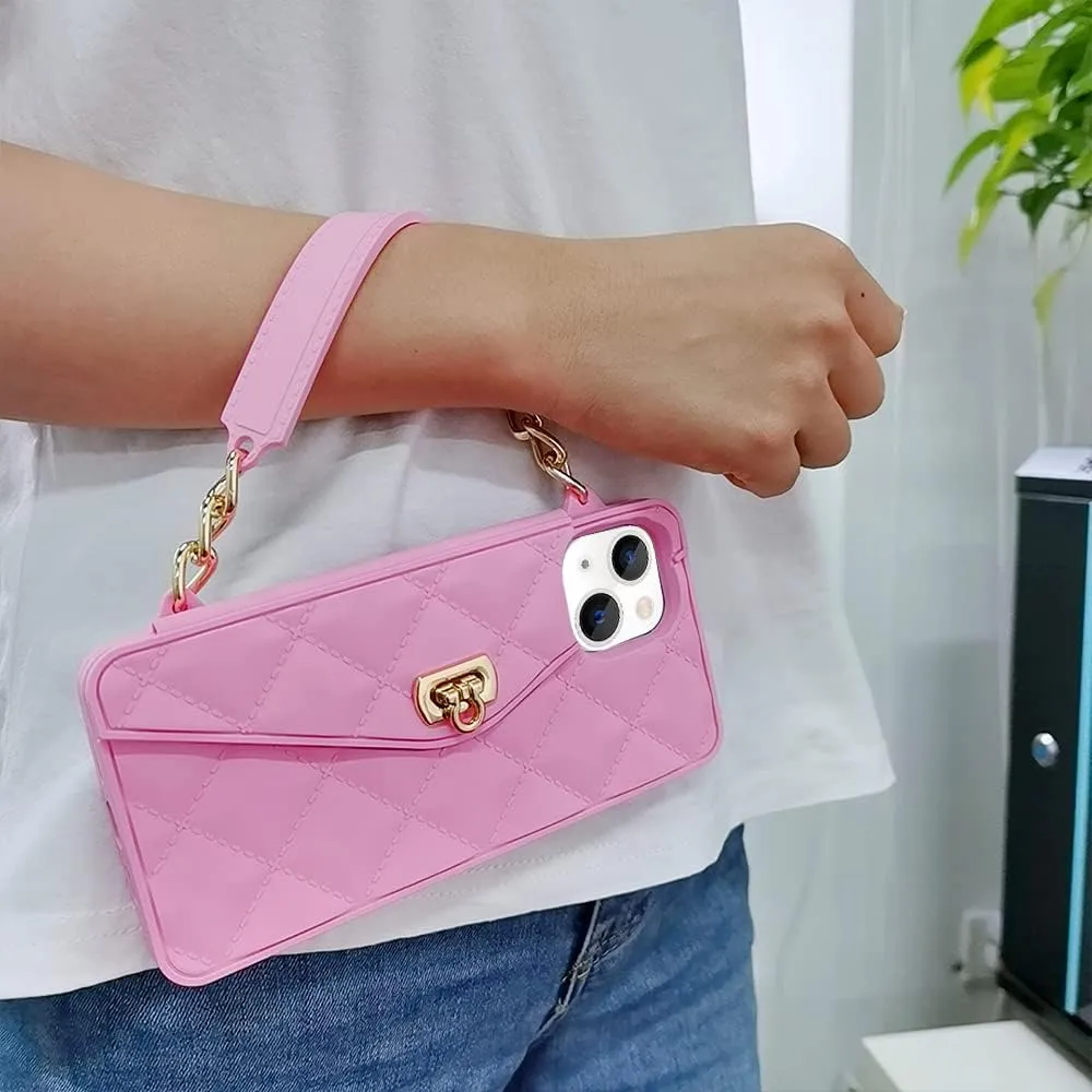 Omio for iPhone 13 Handbag Case with Flip Card Holder Wrist Lanyard Strap Soft Silicone Cover for iPhone 13 Wallet Case for Women Luxury Stylish Long Pearl Crossbody Chain Case Pink