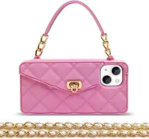Omio for iPhone 13 Handbag Case with Flip Card Holder Wrist Lanyard Strap Soft Silicone Cover for iPhone 13 Wallet Case for Women Luxury Stylish Long Pearl Crossbody Chain Case Pink