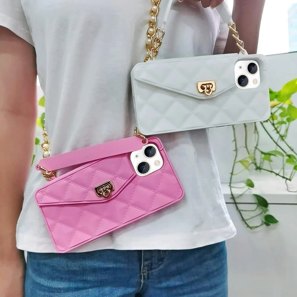 Omio for iPhone 13 Handbag Case with Flip Card Holder Wrist Lanyard Strap Soft Silicone Cover for iPhone 13 Wallet Case for Women Luxury Stylish Long Pearl Crossbody Chain Case Pink