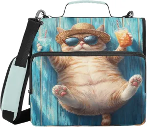 Orange Cat Drinks Blue 3 Ring Zipper Binder with Shoulder Strap Portfolio Organizer for School Office Supplies Storage