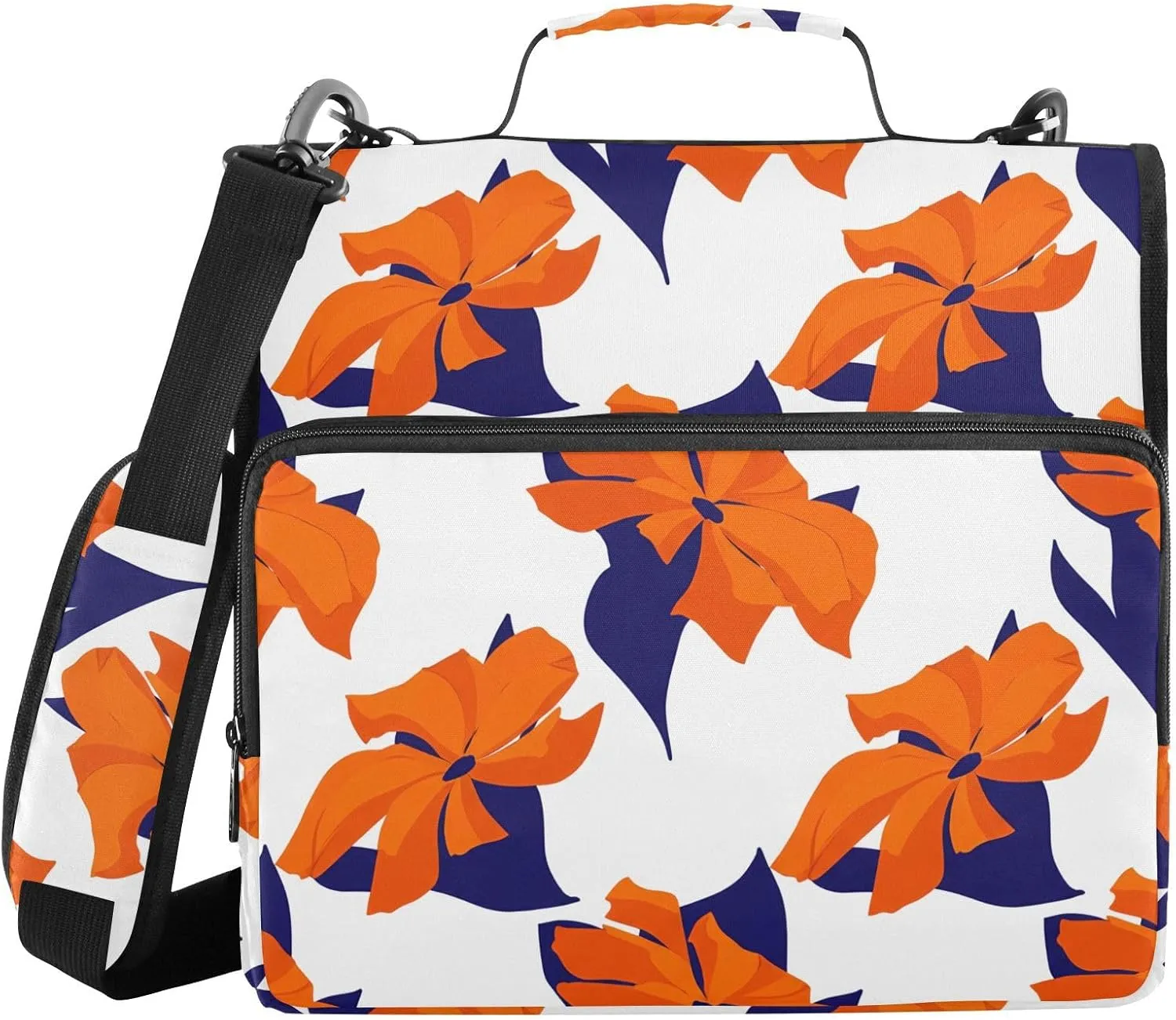 Orange Flower Leaf White 3 Ring Zipper Binder with Shoulder Strap Portfolio Binder Bag for Work Business School Document Storage