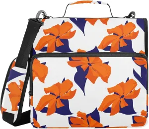 Orange Flower Leaf White 3 Ring Zipper Binder with Shoulder Strap Portfolio Binder Bag for Work Business School Document Storage