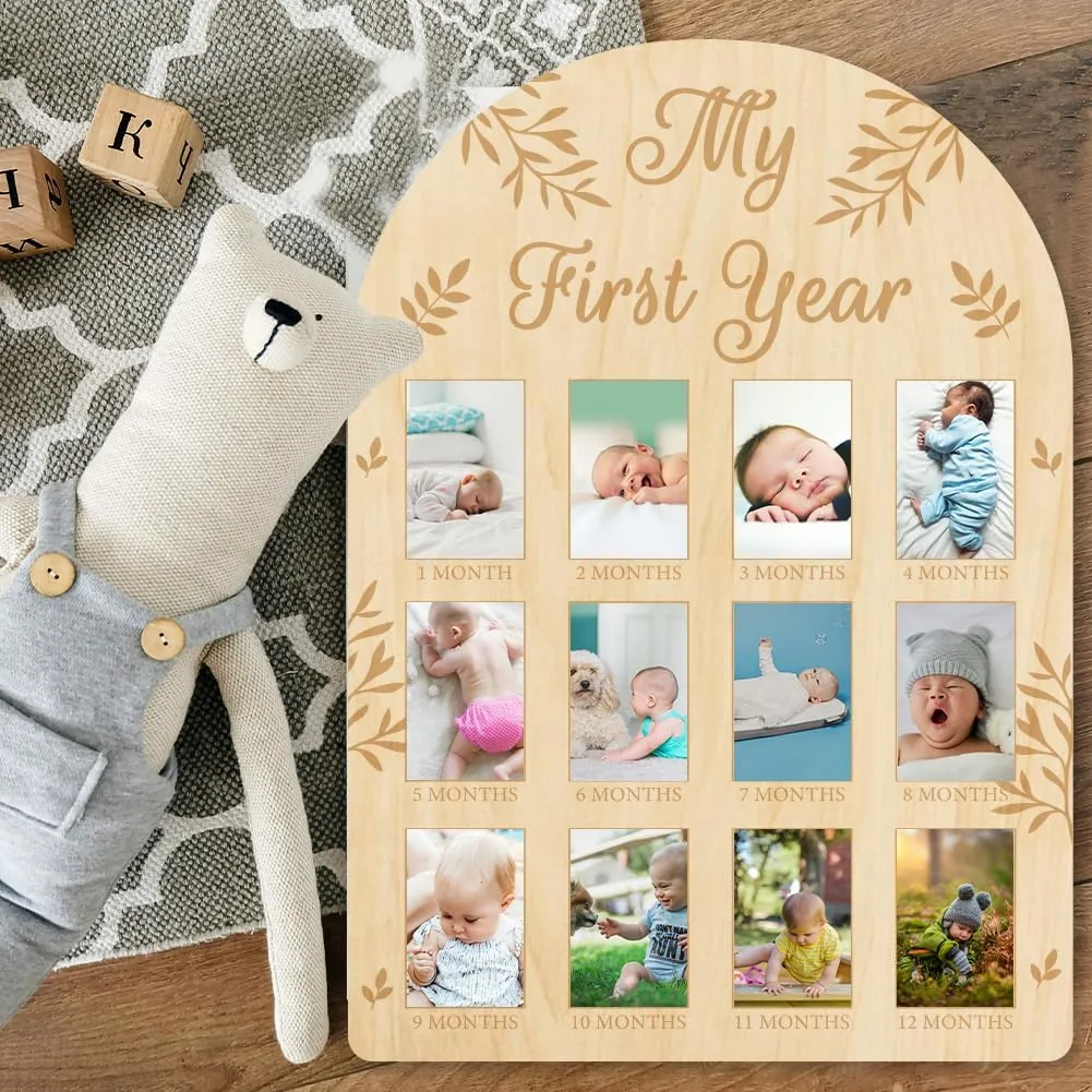ORIGACH My First Year Baby Growth Photo Display Wood Board - 12 Months Newborn Milestones Picture Frame - Neutral Baby Keepsake Board 1st Birthday Party Nursery Decor New Mom Gift - Leaves Pattern
