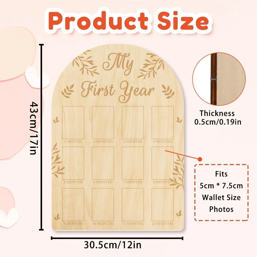 ORIGACH My First Year Baby Growth Photo Display Wood Board - 12 Months Newborn Milestones Picture Frame - Neutral Baby Keepsake Board 1st Birthday Party Nursery Decor New Mom Gift - Leaves Pattern