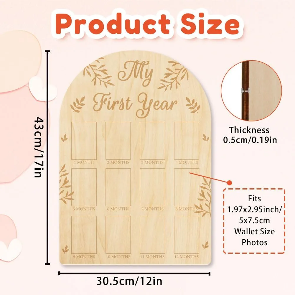 ORIGACH My First Year Baby Growth Photo Display Wood Board - 12 Months Newborn Milestones Picture Frame - Neutral Baby Keepsake Board 1st Birthday Party Nursery Decor New Mom Gift - Leaves Pattern