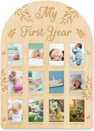 ORIGACH My First Year Baby Growth Photo Display Wood Board - 12 Months Newborn Milestones Picture Frame - Neutral Baby Keepsake Board 1st Birthday Party Nursery Decor New Mom Gift - Leaves Pattern