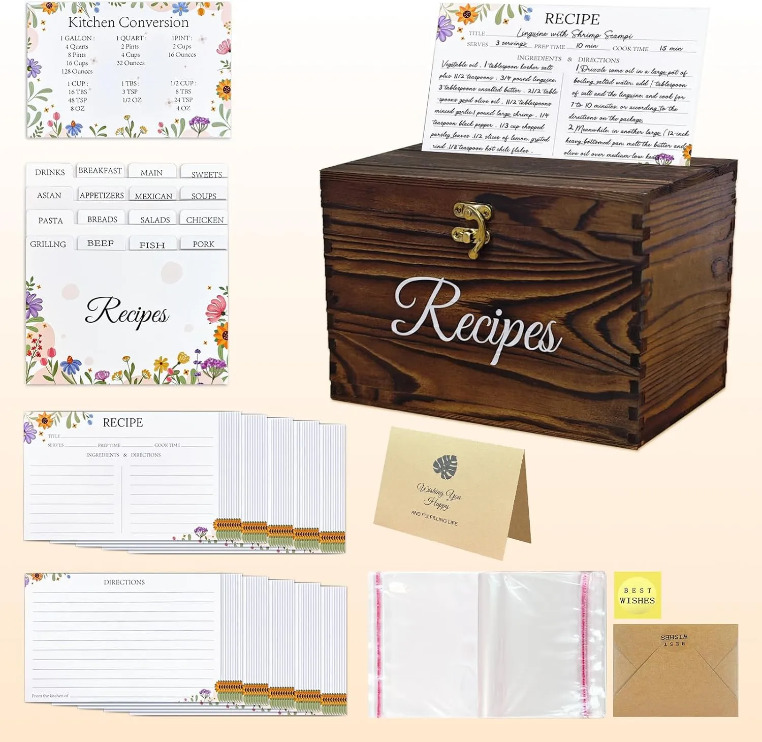 OurWarm Wooden Recipe Box with Cards and Dividers, 5x7 Recipe Box to Write in Your Own Recipes, Gift for Housewarming Grandma Mom Wedding Bridal Shower, Includes 100 4x6 Recipe Cards and 16 Dividers