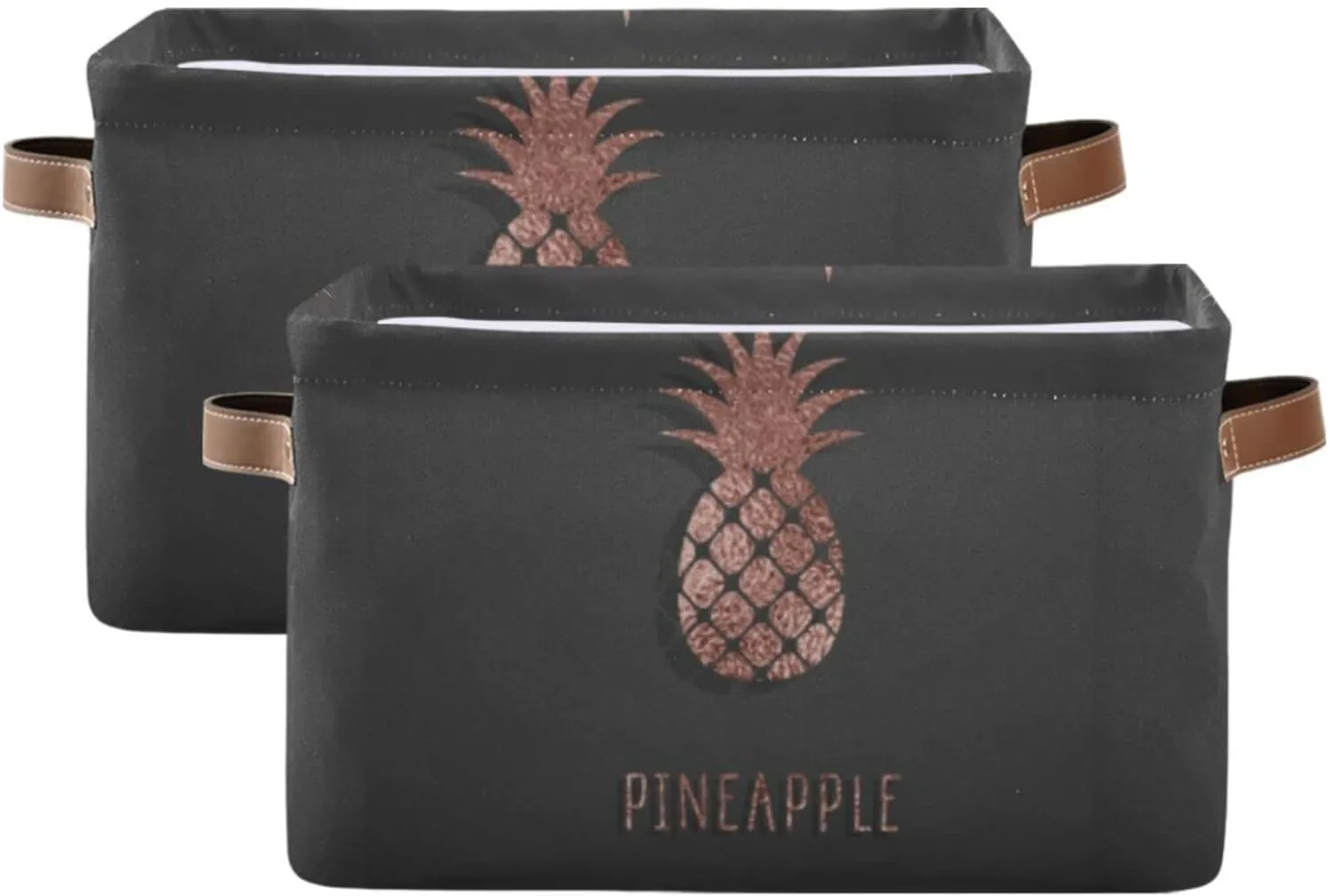 Oyihfvs Gold Glittering Rose Pineapple Glossy Exotic Fruit on Dark Brown 2 PC Rectangle Storage Basket Collapsible Fabric with Leather Handles Bag Organizer Clothes for Home Bedroom 15 x 11 x 9.5 in