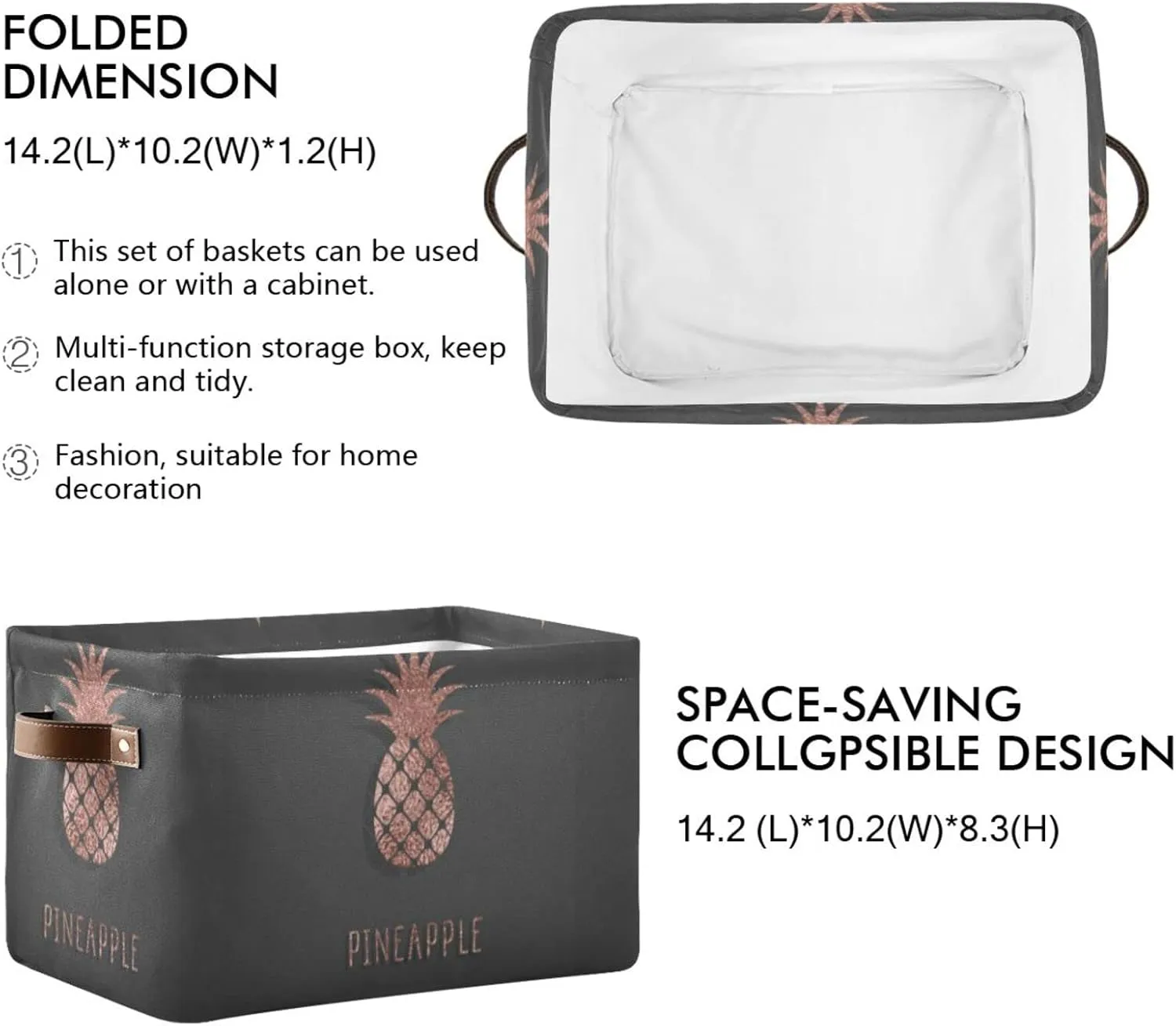 Oyihfvs Gold Glittering Rose Pineapple Glossy Exotic Fruit on Dark Brown 2 PC Rectangle Storage Basket Collapsible Fabric with Leather Handles Bag Organizer Clothes for Home Bedroom 15 x 11 x 9.5 in